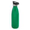 A drink bottle in vibrant green with a push button lid and stainless steel accents, featuring a logo on the side.