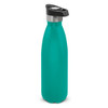 A drink bottle in teal with a push button lid and stainless steel accents, featuring a logo on the lid.