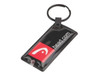 A black keyring with a rectangular design featuring a red and white logo, including a light function.