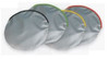 A set of circular sunshades in silver, with outer edges in black, green, yellow, and red. 