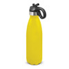 A drink bottle in bright yellow with a black flip lid and handle, featuring a silver band near the top.