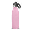 A drink bottle in pastel pink with a black flip lid and a handle. Features a logo on the side.