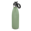 A drink bottle in matte green with a flip lid and black handle, featuring a metal band at the top.