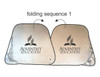 A silver sunshade featuring a logo, demonstrating the folding sequence for compact storage.