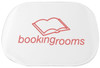 A white sunshade with a logo featuring an open book and the text "bookingrooms".
