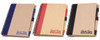 A set of three notepads featuring a natural cover, available in blue, red, and black, with spiral binding and a logo.