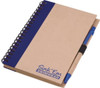 A notepad with a brown kraft cover, blue accents, a spiral binding, and a blue pen attached. It features a logo.