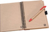 A spiral-bound notepad with lined pages and a red pen. The cover is a natural brown colour.
