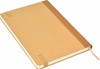 A brown A5 notebook with a textured spine and elastic closure, featuring a simple design and a logo.