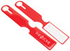 A red luggage tag featuring a hole for attachment and a writable area for personal details. It has a logo on one side.