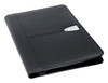 A black leather zip portfolio with a silver clasp, designed for office and business use.