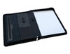 A black leather zip portfolio featuring a notepad, card slots, and a zippered pocket.