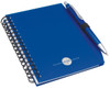 A blue notepad with a spiral binding and a matching pen, featuring a logo on the cover.