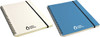 Two A4 notebooks with spiral binding, one white with a logo and one blue with a logo, featuring elastic closures.