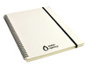 A spiral-bound A4 notebook with a white cover and black elastic band, featuring a logo on the front.