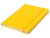 A yellow A5 notepad with an elastic band closure and a ribbon marker. It features a simple design and a logo.