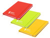 A notepad featuring a red, neon green, and yellow cover, each with a logo on the front.
