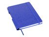 A blue A5 notebook with a pen holder, elastic closure, and a bookmark ribbon. It features a textured cover and a logo.
