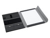 A black A4 portfolio with sections for notes, cards, and a notepad, featuring a logo.