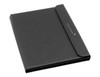 A black A4 portfolio with a sleek design and a branding logo on the front.