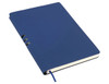 A navy blue A5 notebook featuring a smooth cover and a ribbon bookmark, with a branded logo on the front.