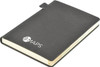 A grey A5 notebook with a textured cover and a logo on the front, featuring a ribbon bookmark.