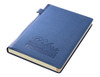A navy blue A5 notebook with a textured cover and a brand logo embossed on the front.