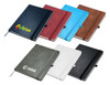 A collection of Apex A5 notebooks in various colours including black, white, brown, blue, red, and green, with logos.