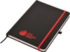 A black A5 notepad with a red elastic band, featuring a logo on the cover.