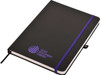 A black A5 notepad with a purple elastic band and a logo on the cover. It features a ribbon bookmark.