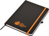 A black A5 notepad with an elastic orange band and a logo on the cover. It features a classic design suitable for business use.