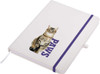 A white A5 notepad with an illustration of a cat and the word "PAWS" in purple, featuring a purple elastic band.