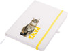 A white A5 notepad with a yellow elastic band, featuring a cat graphic and the word "PAWS".