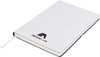 A white A5 notepad with a black elastic band and a logo on the cover, featuring plain pages inside.