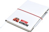 A white A5 notepad with an elastic band, featuring a logo and an image of a car on the cover.
