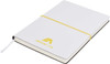 A white A5 notepad with a yellow elastic band and a logo on the cover, featuring black inner pages.