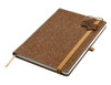 A brown bonded leather A5 notebook with a ribbon closure and an attached tag, designed for office and business use.