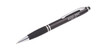 A black stylus pen with a grip and a silver clip, featuring a branding logo.