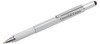 A stylus pen in silver with a textured grip and a black touchscreen tip, featuring a branding logo.
