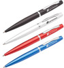 A set of four metal pens in black, white, red, and blue, featuring a branding logo on each.