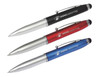 Three Economy 3-Way Stylus Pens in black, red, and blue, featuring a logo on the barrel.