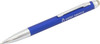 A blue stylus pen with a silver clip and tip, featuring branding on the barrel.