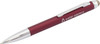 A stylus pen in a deep red colour with a chrome clip and tip, featuring a logo.
