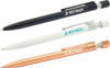 A set of three metal pens in black, white, and rose gold, each featuring a logo.