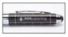 A metal pen in black with a silver clip and a logo displayed on the barrel.
