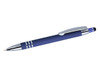 A navy blue stylus pen with a chrome finish and black rubber tip, featuring a branding logo.