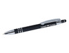 A black stylus pen with silver accents and a logo on the barrel.