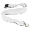 A white bamboo lanyard with a metal clip and a plastic buckle for attachment. Features a logo.