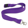 A purple bamboo lanyard with a metal clip and a plastic breakaway feature. It has a logo on it.