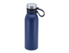 A drink bottle in navy blue with a stainless steel cap and a black handle, featuring a logo.